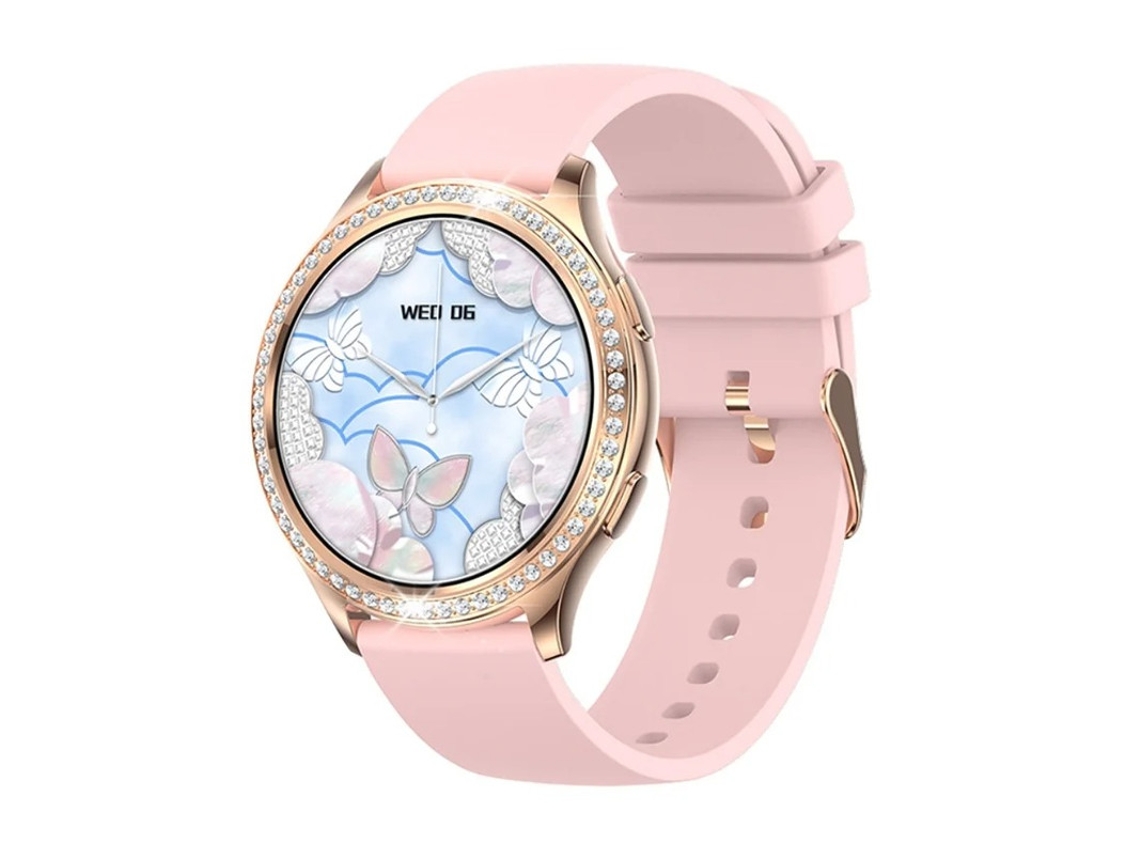 Reloj inteligente Bestvite con llamadas Bluetooth, múltiples modos deportivos y detalles de diamantes rosas.