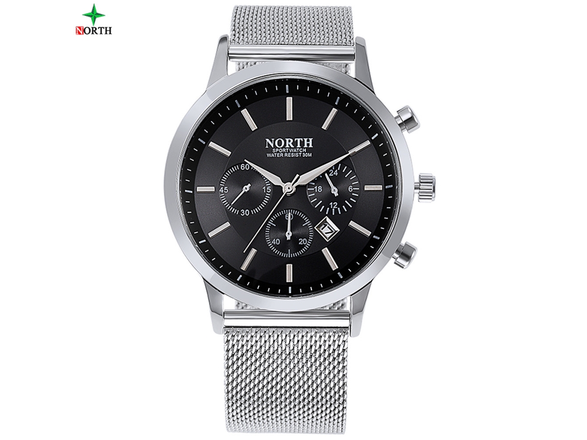 Reloj analógico de cuarzo resistente al agua para hombre con correa de acero inoxidable negra.