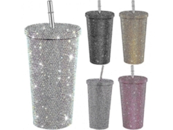 Taza Termo Reutilizable 500ml Con Tapa Y Pajita Acero Inoxidable 304/201 Diamantes Mujer Regalo 2023 Azul