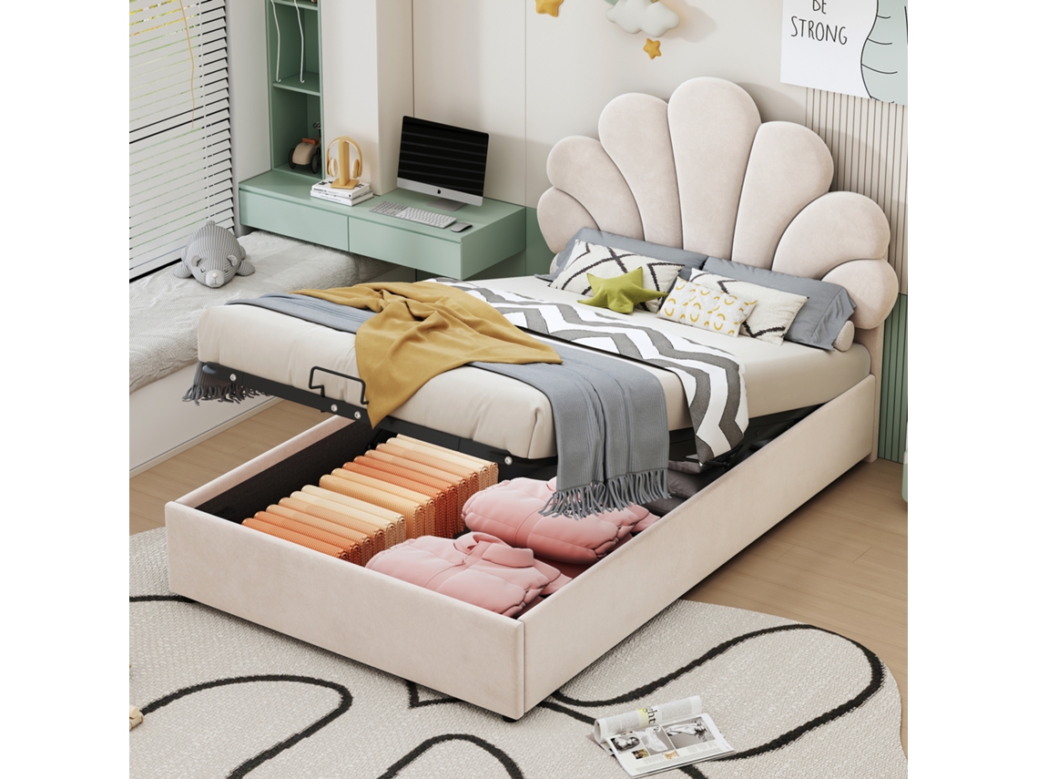 Cama con Arca Tapizada en Terciopelo 90x200 cm Cabecero en Forma de Flor con Somier de Láminas Beige