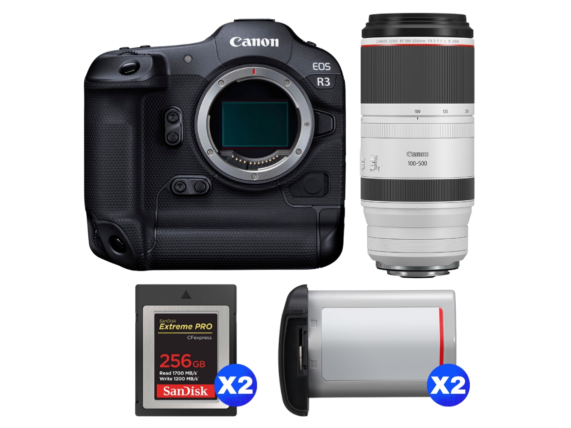 Canon Eos R3 + Rf 100-500mm F/4.5-7.1 L Is Usm + 2 Sandisk 256gb Extreme Pro Cfexpress Type B + 2 Canon Lp-e19 + Ebook Pricedirect