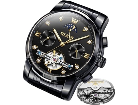 VEANXIN Reloj Tourbillon con Diamantes y Fase Lunar Luminoso Resistente al Agua de Acero Inoxidable Hueco automático para Hombres(negro)