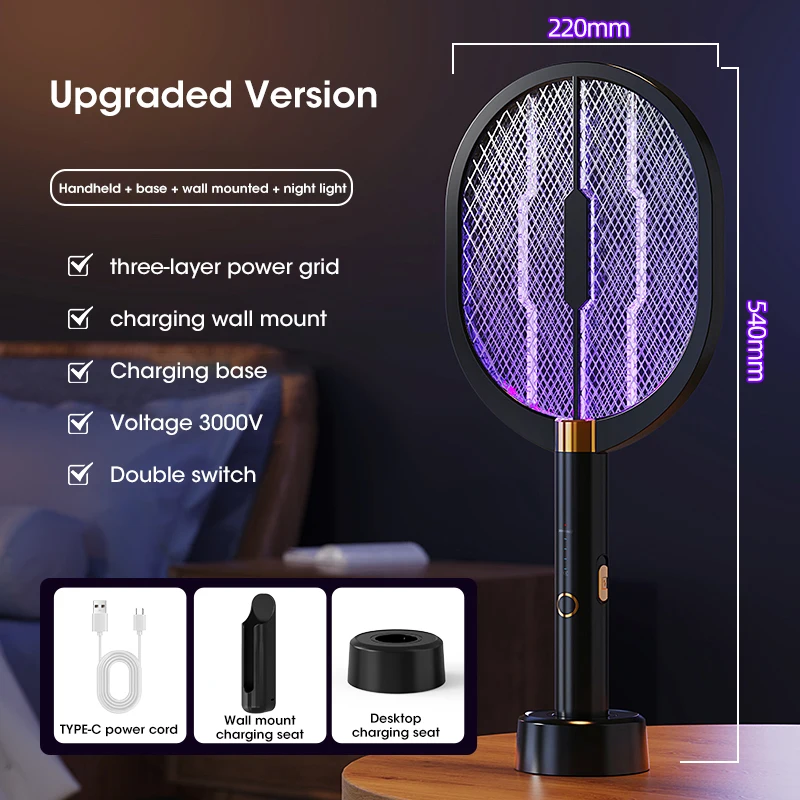 Matamosquitos Eléctrico De 3000 V Con Lámpara Insecticida Morada, Versión Mejorada En Negro, Recargable Tipo C.