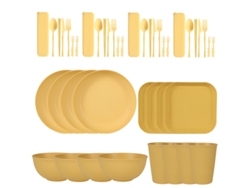 Juego de cubiertos de paja de trigo de 44 piezas, platos y cuencos reutilizables resistentes, amarillo Digitallab
