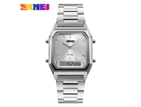 Relojes de pulsera cuadrados multifunción con doble pantalla para hombre, relojes con correa de acero inoxidable, plateado LUUCOZK