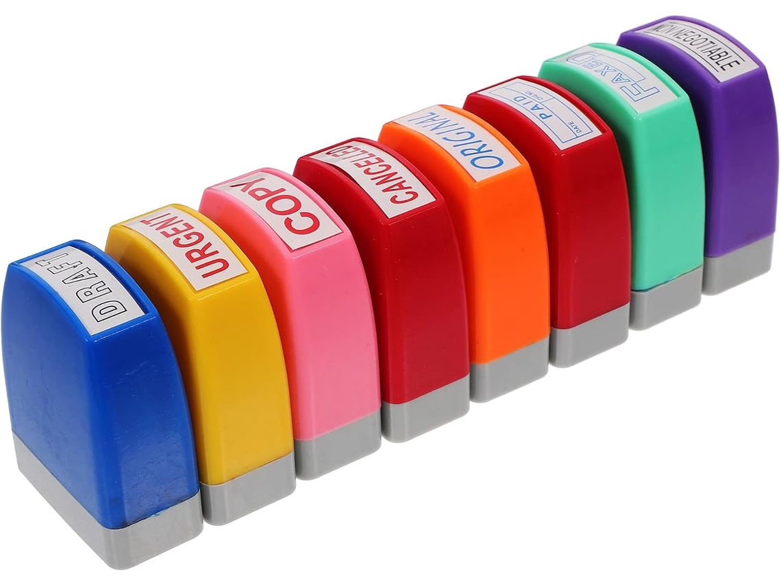Juego De 8 Sellos De Oficina Solustre De Abs Con Caja De Almacenamiento. Sellos Comerciales Para Una Fácil Organización