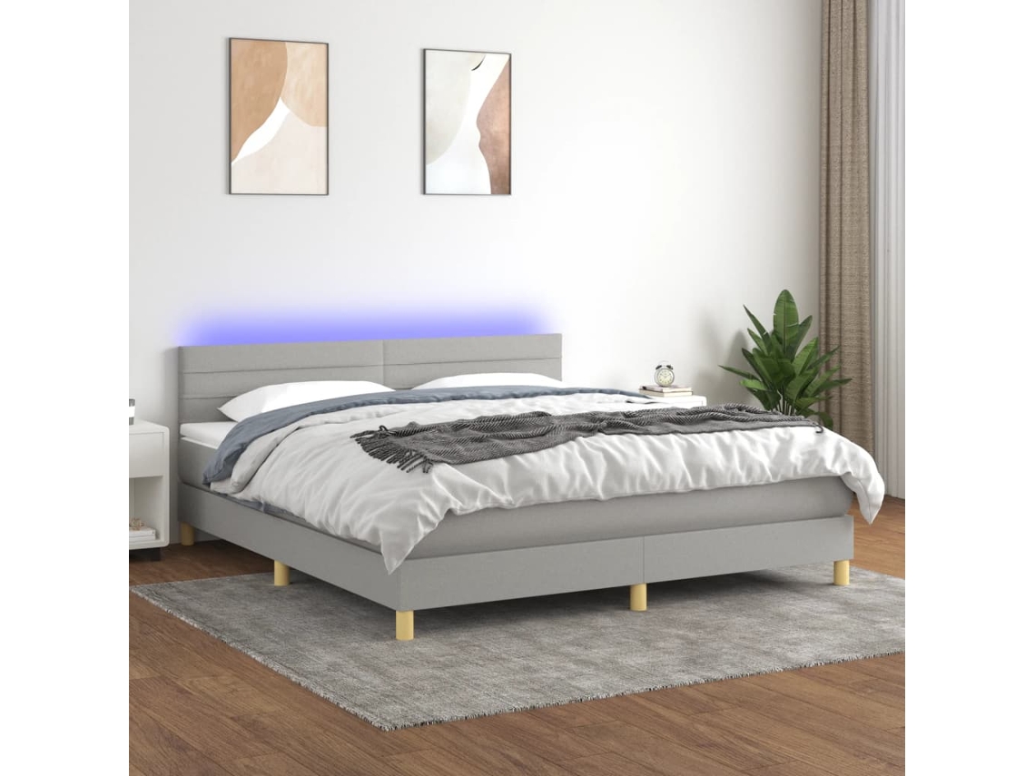 Cama Box Spring Con Colchón Tela Y Led Gris Claro 180x200 Cm