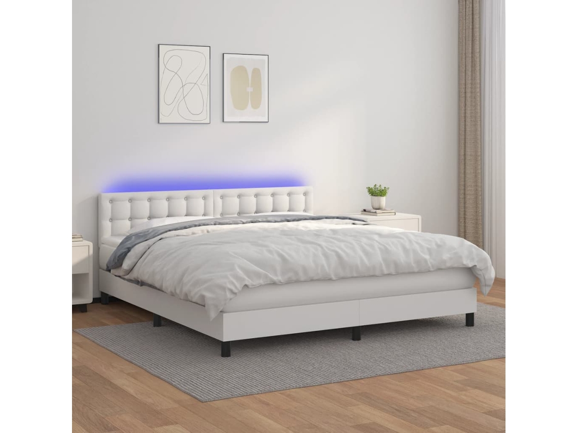 Cama Box Spring Colchón Y Led Cuero Sintético Blanco 160x200 Cm