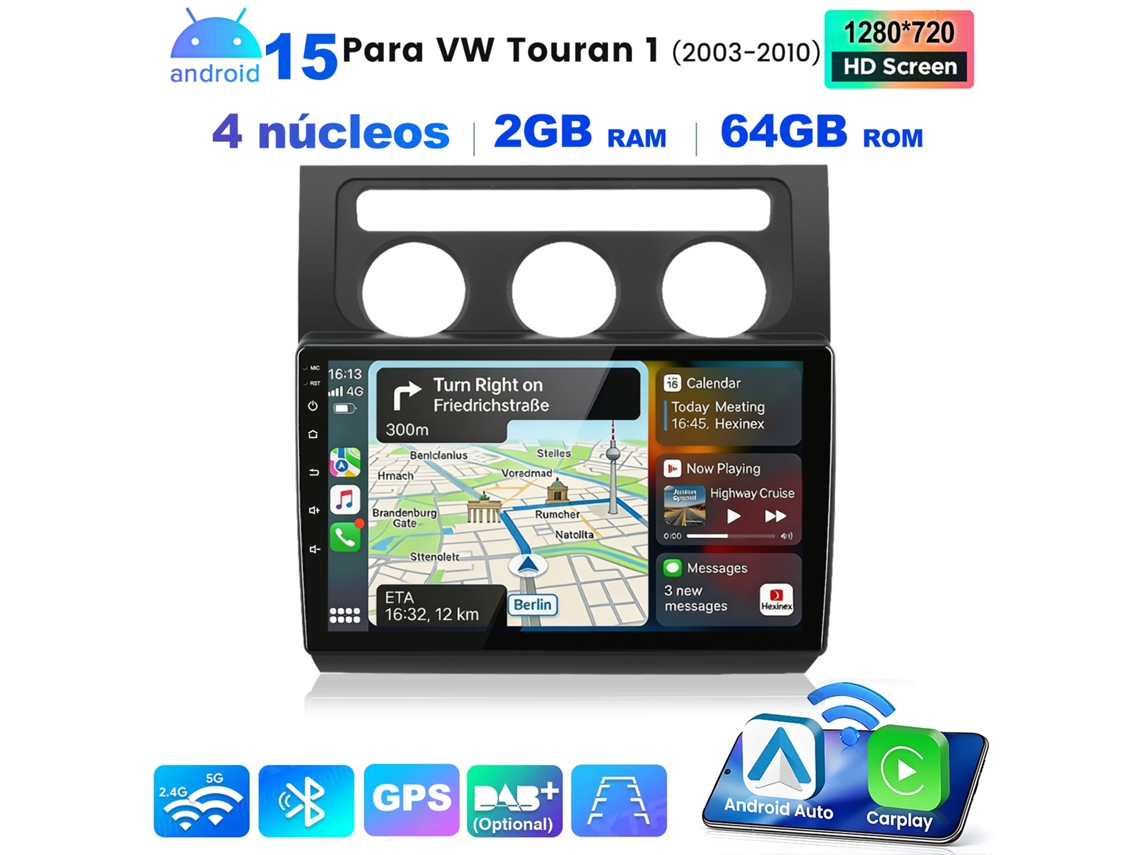 Pantalla De Radio De 10" Para Vw Touran 1 (2003-2010) — 2gb+64gb, Android 15, Wifi, Gps, Manos Libres, Soporte Para Controles Al Volante, Carplay Y An