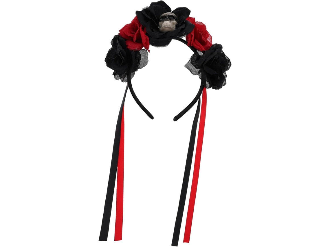 Tiara Caveira para festa de Halloween, acessório de cosplay com flores rosa, decoração para ocasiões especiais.