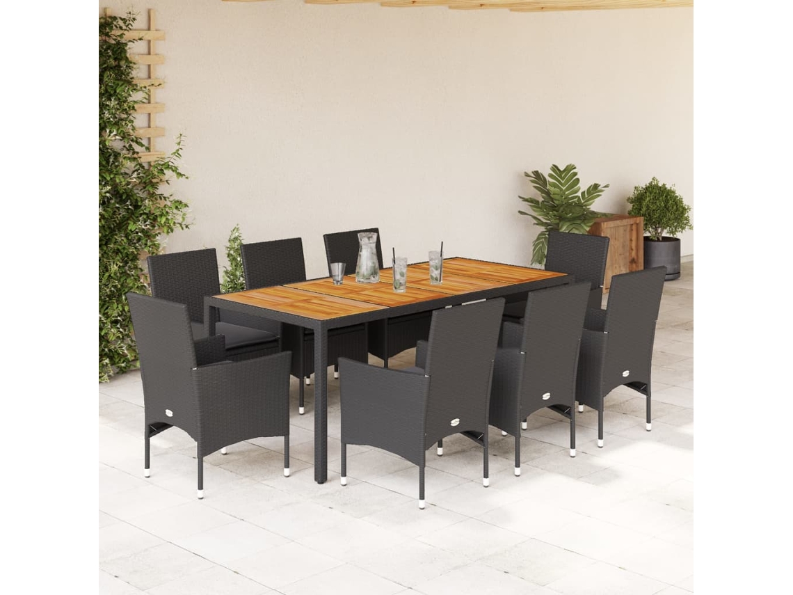 Juego de comedor de jardín con cojines, mimbre de acacia negro, Dkd Home Decor