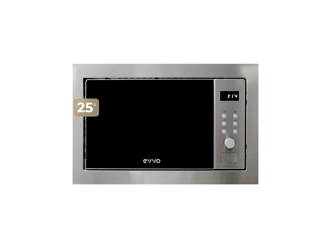 Evvo Microondas Integrable Mi35 Inox, 25l, Grill 1000w, 8 Funciones, Multifunción, Temporizador 60 Min, Display Digital, Inox Brillante