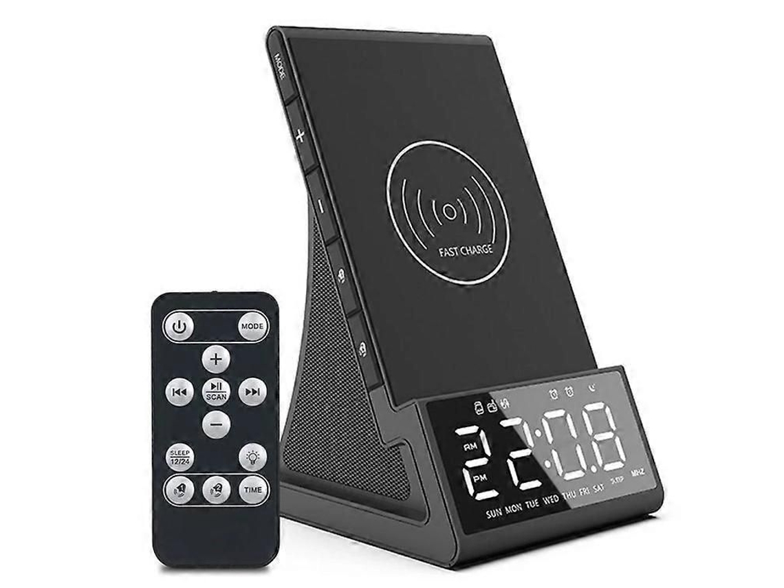 Radio despertador de mesita de noche con cargador USB, altavoz Bluetooth, carga inalámbrica Qi y pantalla LED.
