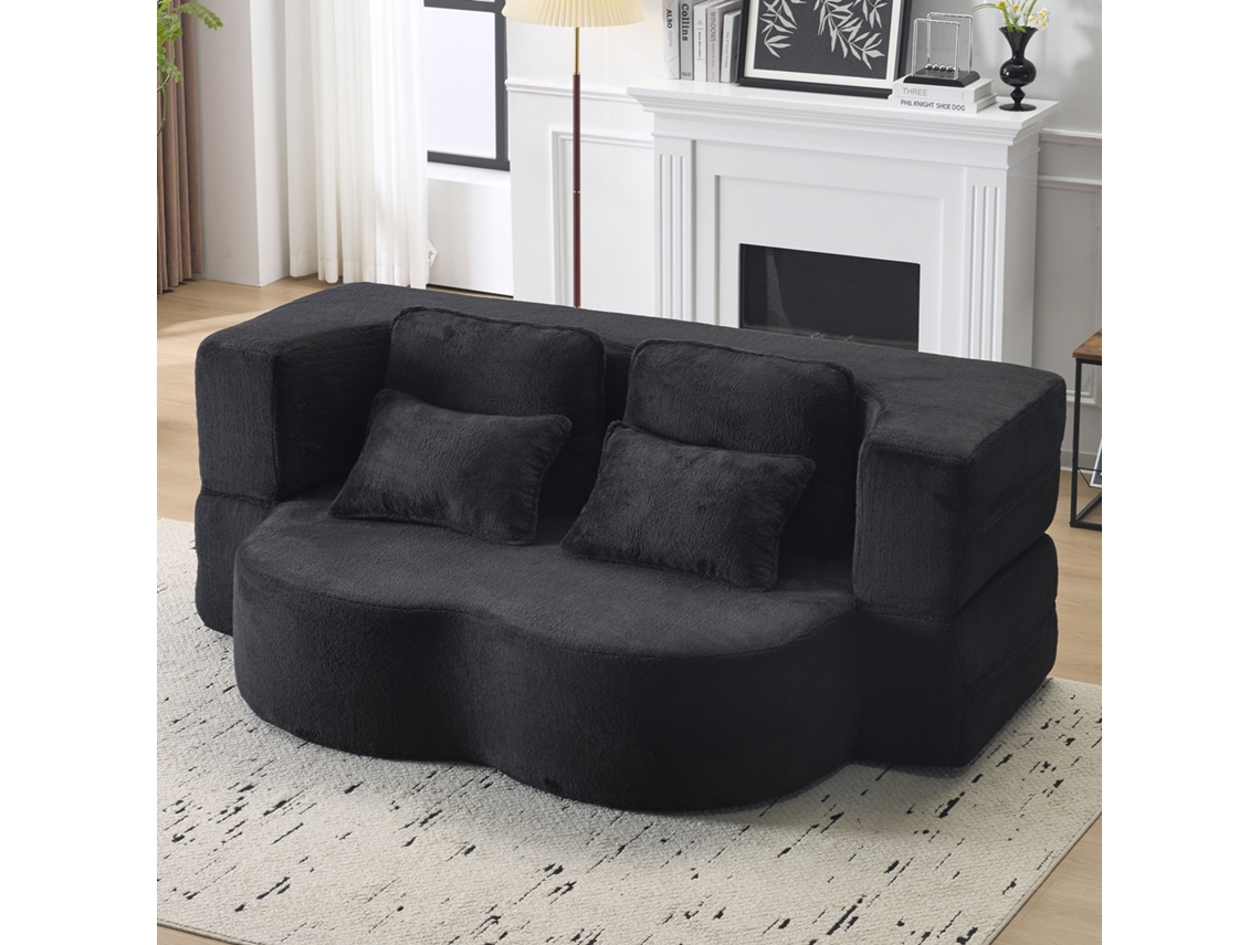 Sofá cama de dos plazas - Moderno, con 4 cojines, colchón plegable de espuma de alta densidad - Negro
