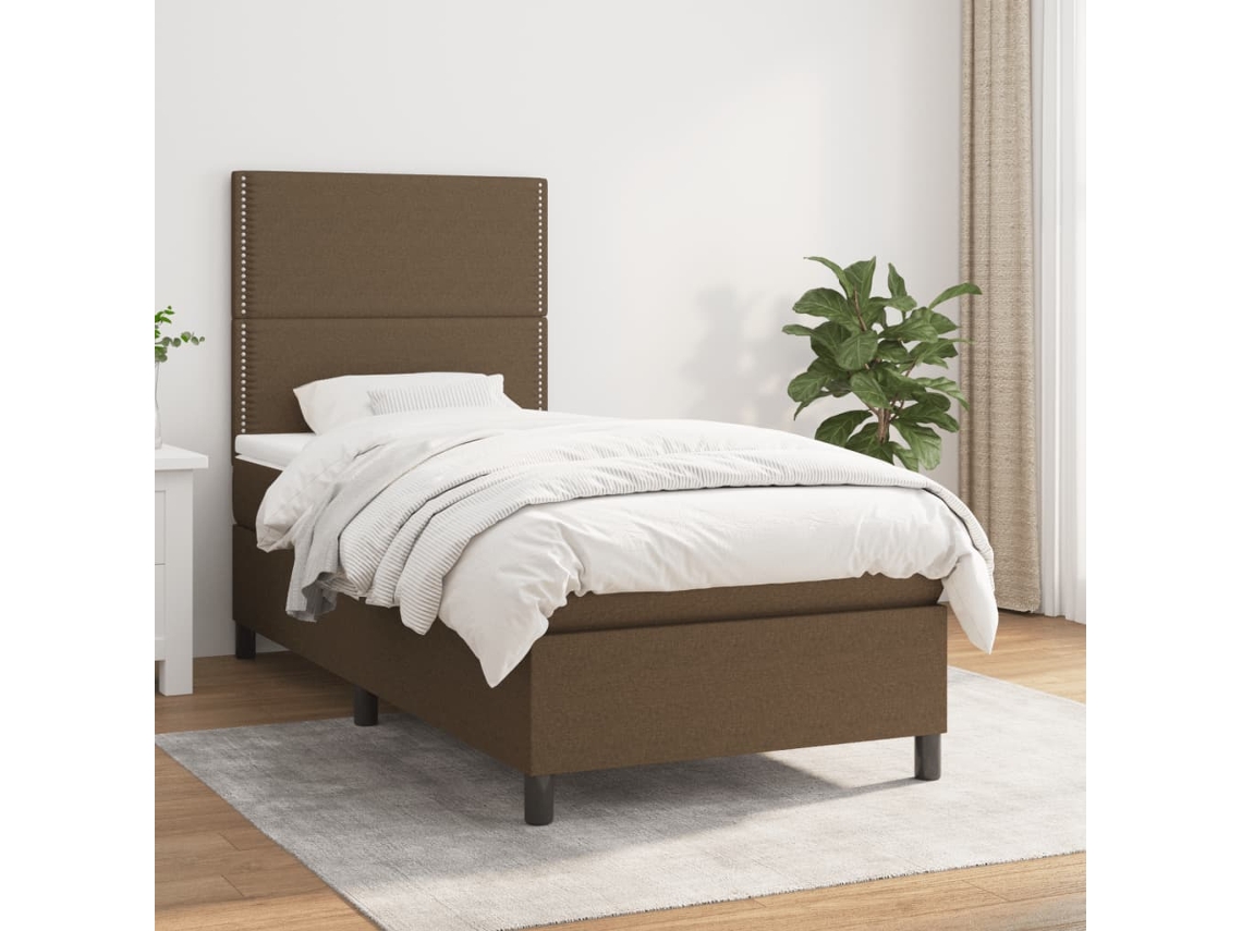 Cama Box Spring Con Colchón Tela Marrón Oscuro 90x190 Cm
