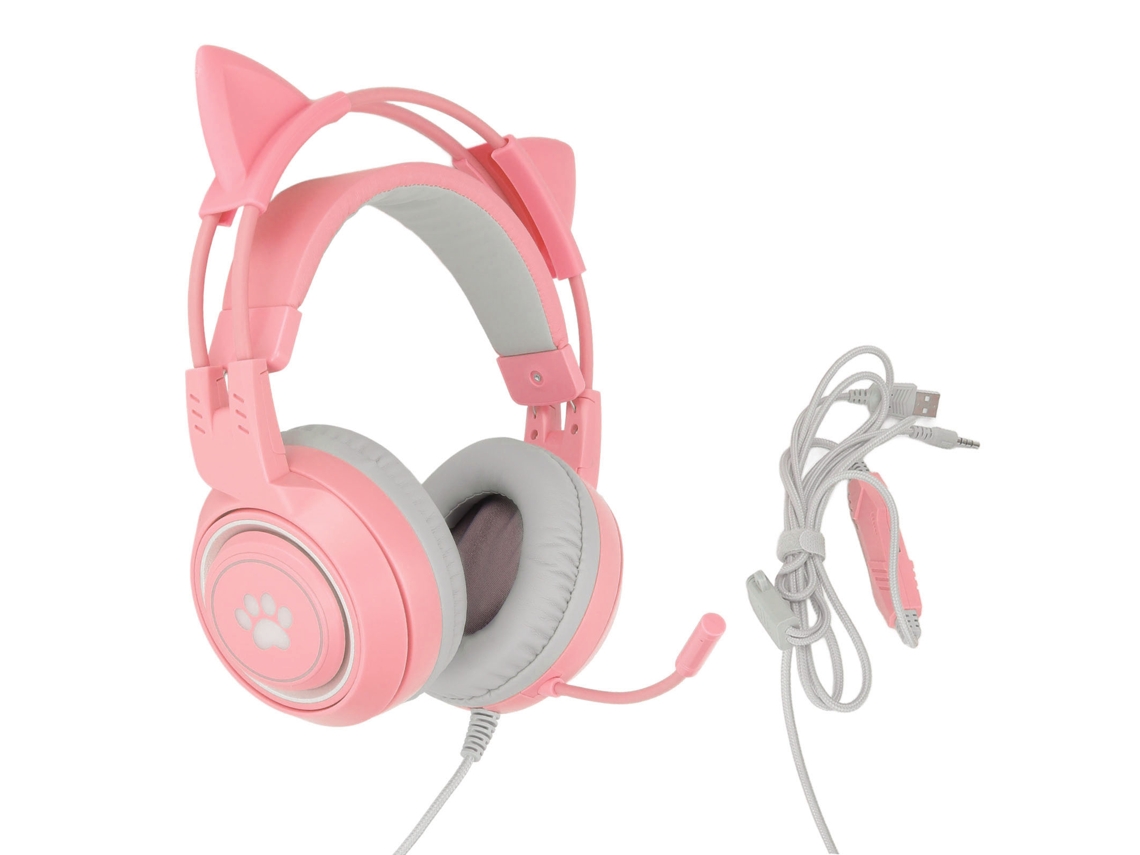 Auriculares Para Juegos Con Orejas De Gato, Usb + 3,5 Mm, Control De Volumen, Micrófono Y Función De Silencio - Rosa