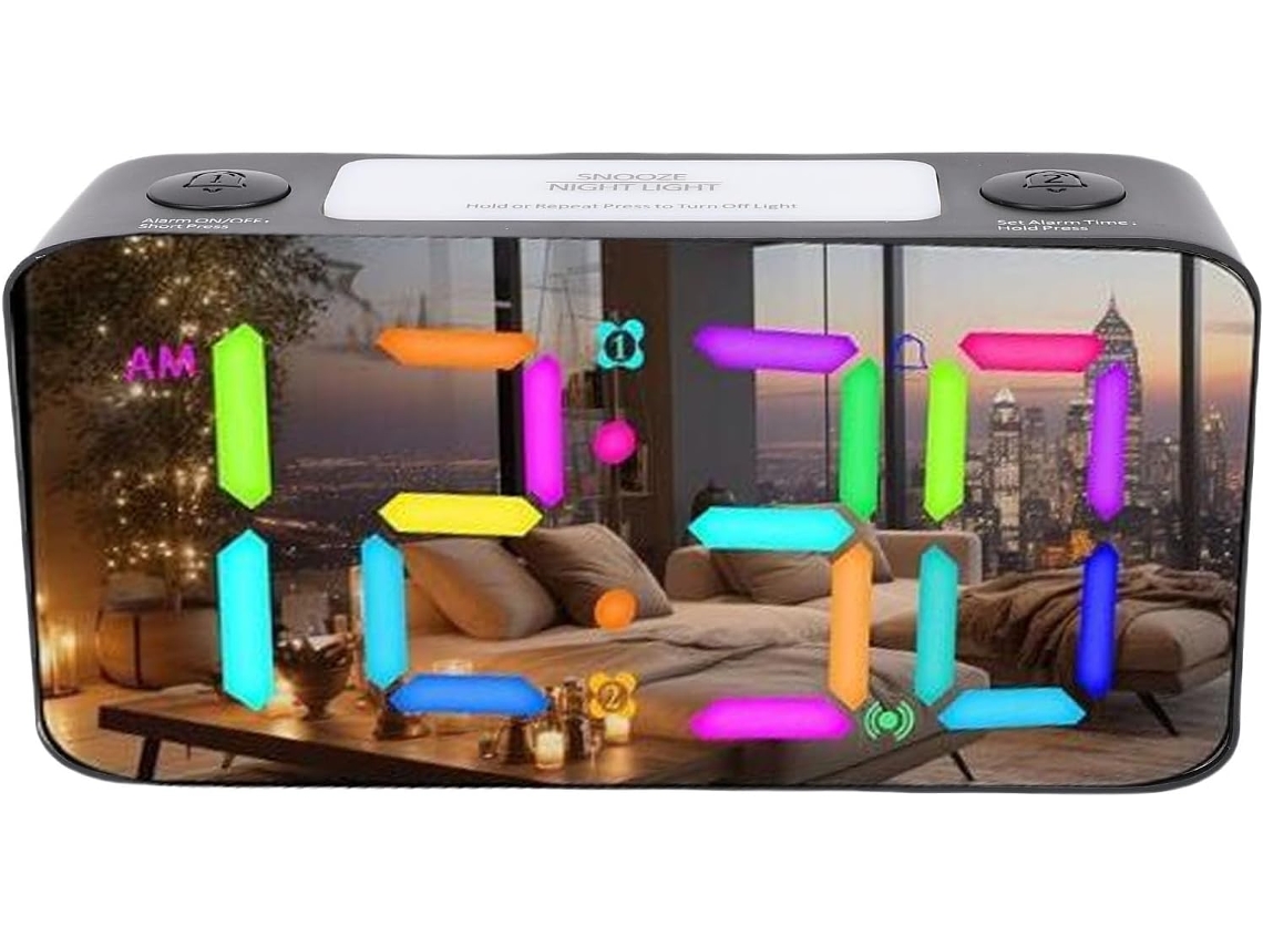 Reloj Despertador Con Espejo De 7 Pulgadas Con Cama Vibratoria, Luz Nocturna Rgb Y Alarma Vibratoria De 5 Volúmenes Para
