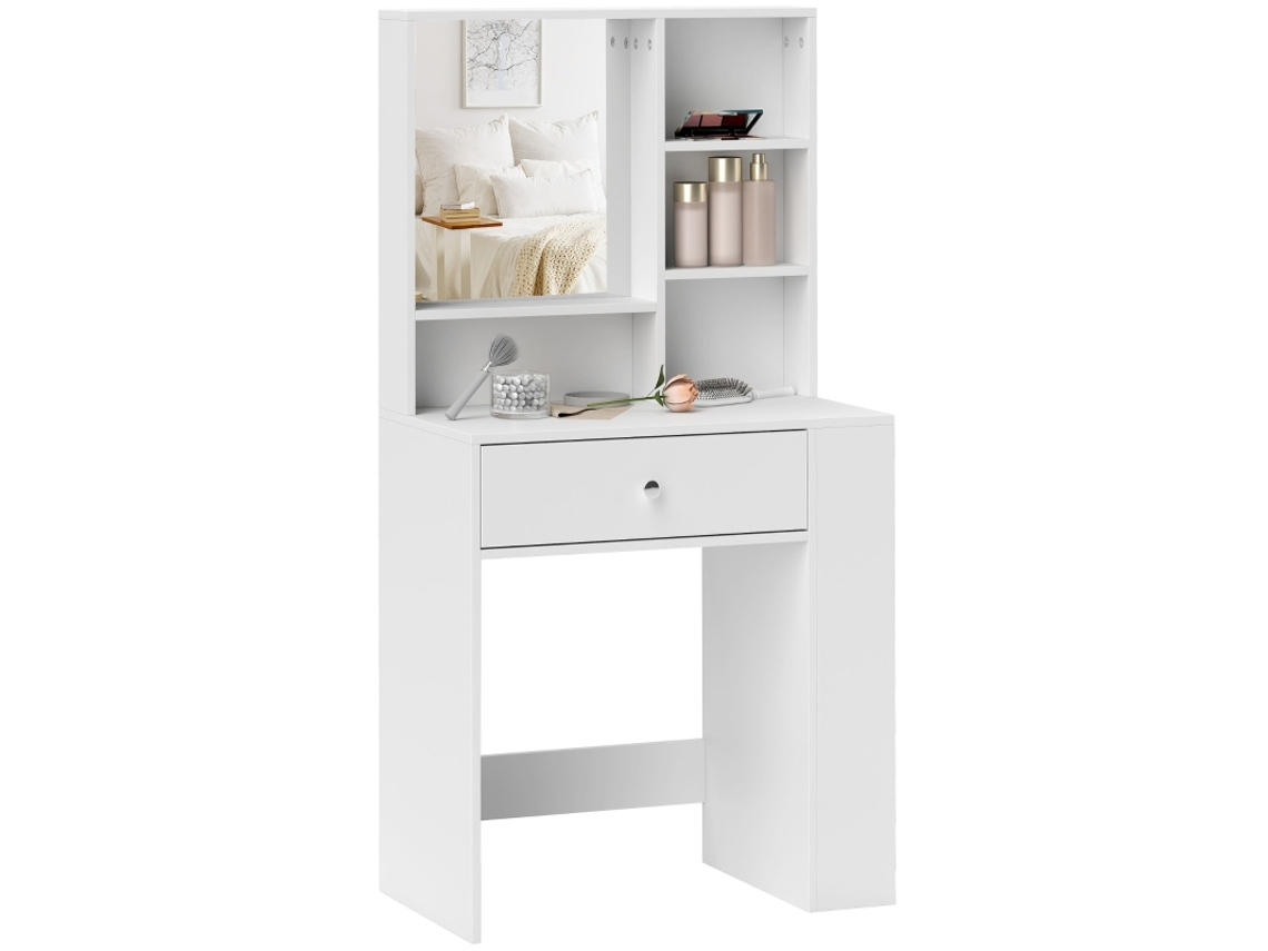 Tocador Con Espejo, Cajón, Estante Lateral, 3 Niveles, Blanco