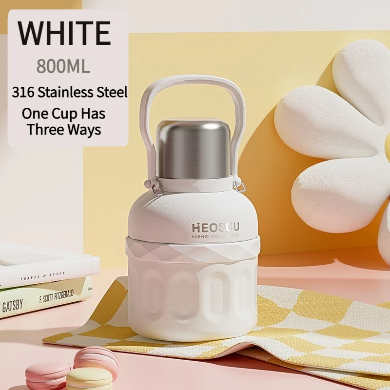 (blanco, 800 Ml) Termo De Acero Inoxidable Con Asa Portátil, Apto Para Uso En Exteriores.