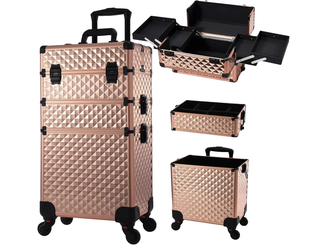 Maletín de maquillaje con ruedas, gran capacidad, compartimentos extraíbles, con cerradura, oro rosa.