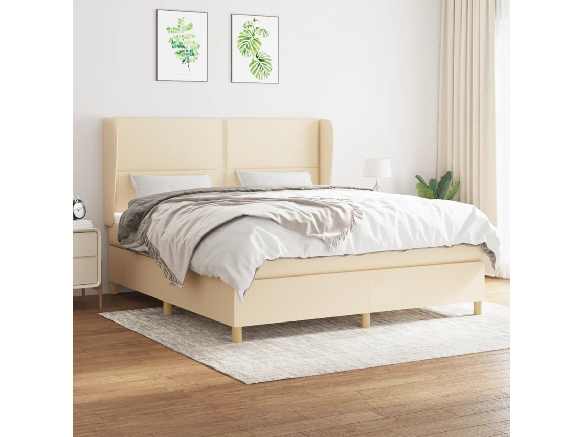Cama Box Spring Con Colchón Tela Color Crema 180x200 Cm