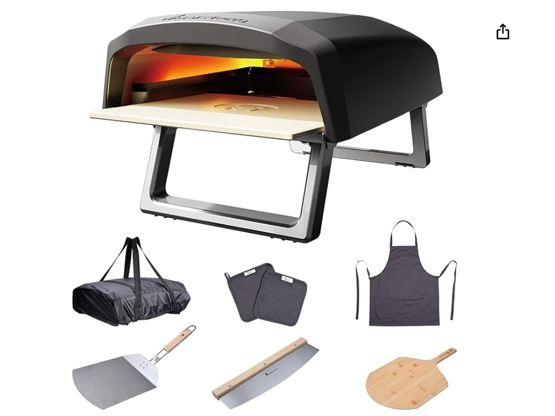 Horno de pizza Masterpro | Horno de gas portátil con función de cocción rápida hasta 500 °C | Pizza lista en 60 segundos | Incluye delantal, grapas y cortador