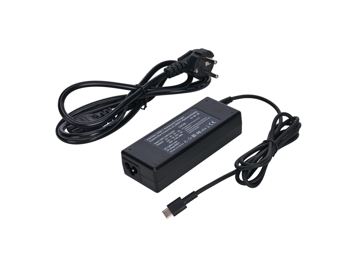 Cargador universal para portátiles EWENT EW3982 de 90 W con USB-C Power Delivery, negro + cable de alimentación Schuko-IEC C5 (3 clavijas)