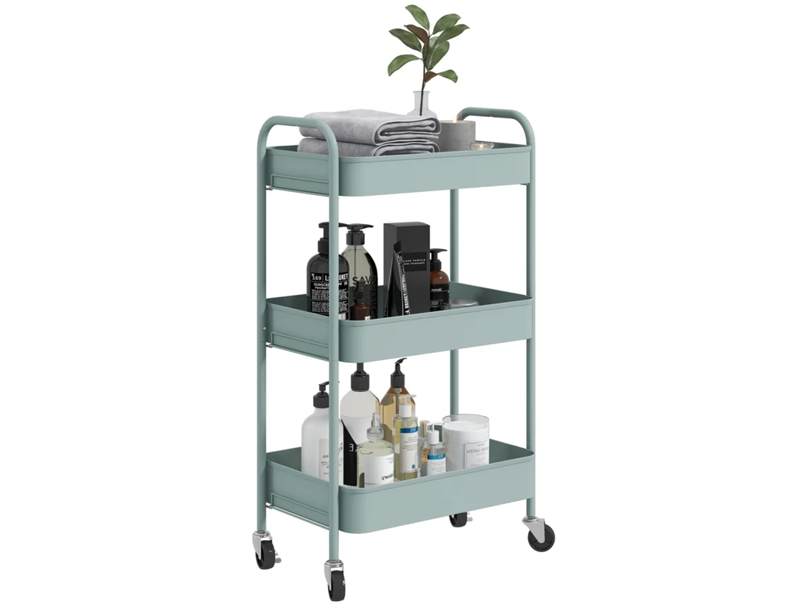 Carrito De Servicio De Acero Con Espacio De Almacenamiento, Con Ruedas, 3 Estantes Perforados, 45 X 30,6 X 79 Cm, Azul Claro.