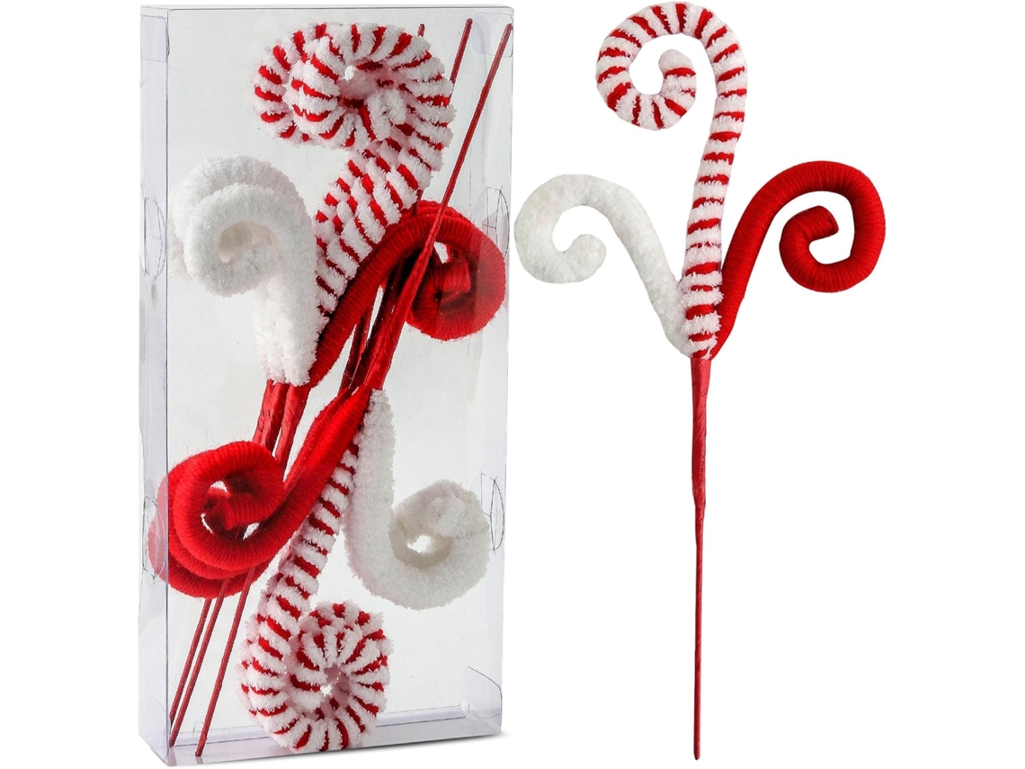 6 palitos navideños rojos y blancos – Troncos de lana rizada para decorar el árbol de Navidad y fiestas