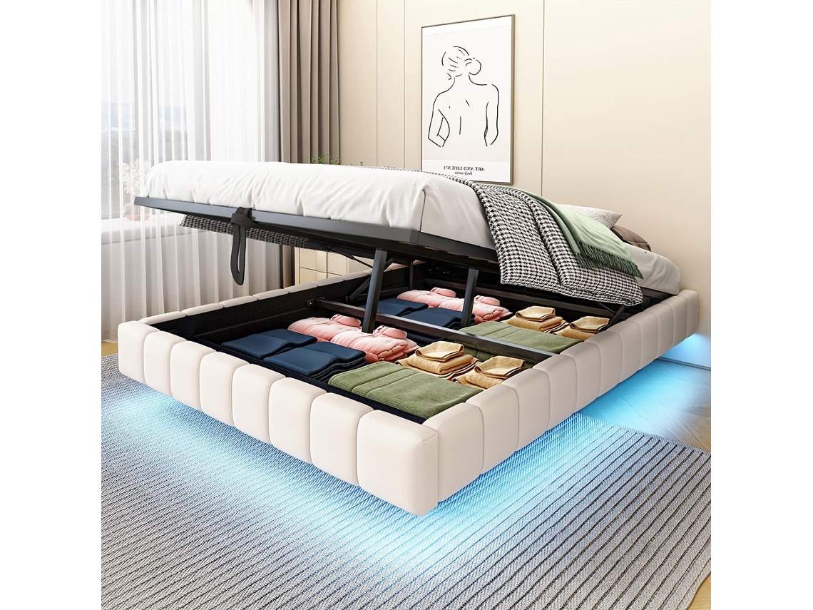 Cama tapizada de 140 x 200 cm, estructura flotante hidráulica, sin cabecero, color beige