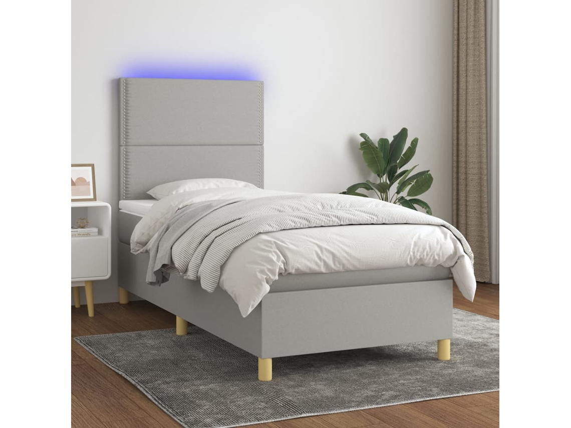 Cama box spring colchón y luces LED tela gris claro 90x200 cm