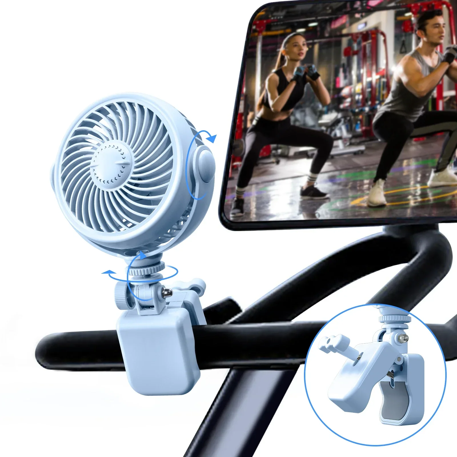 Ventilador De Coche Con Clip (azul), Ventilador Portátil Para Fitness Con 4 Velocidades De Viento.