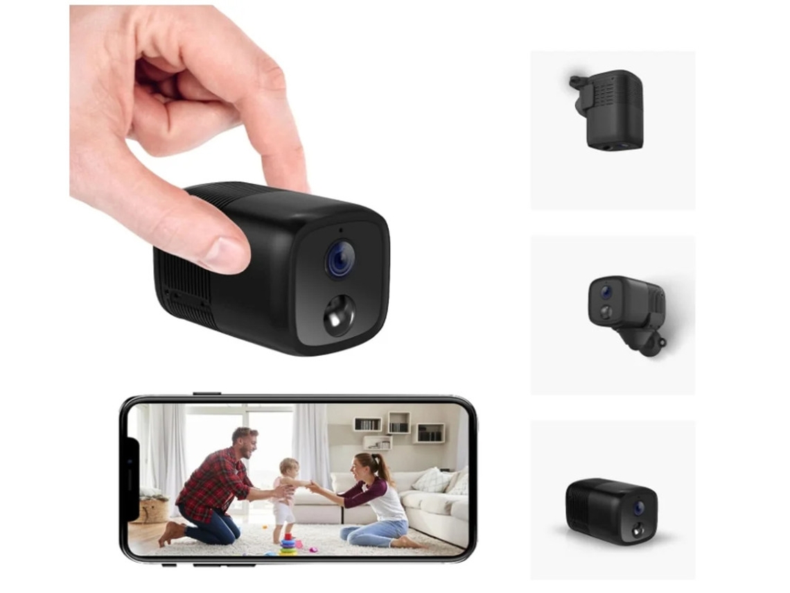 Mini cámara Bestvite A90 con wifi, gran angular de 150°, 2 MP/1080P, inalámbrica, portátil, 10 m, visión nocturna, alarma inteligente de detección humana, color negro