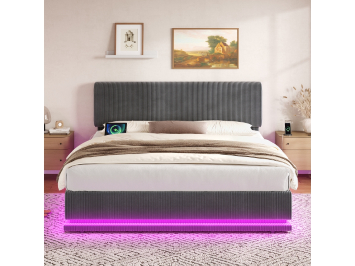 Cama Tapizada 140x200 - Led, Usb-c, Cabecero Ajustable, Almacenamiento, Tela Cord Gris