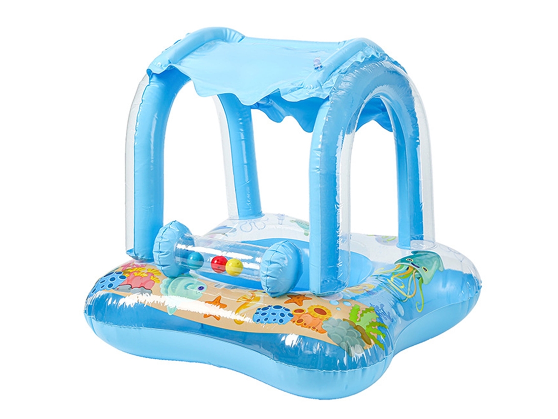 Flotador hinchable para bebé con toldo, equipado con asiento de seguridad y juguete con cascabeles y personajes de dibujos animados.