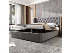Cama De Terciopelo Gris De 140x200 Con Cabecero De Alas Y Arcón De Almacenamiento.
