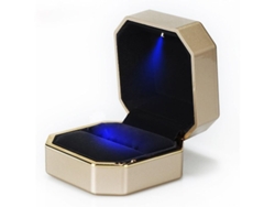Estuche de lujo para anillos con luz LED, estuche cuadrado de terciopelo para bodas y compromisos, color dorado.