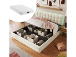 Cama Tapizada Piel Sintética 140x200 Cm Con Led, Almacenamiento, Somier De Láminas Incluido, Color Blanco, Con Colchón.