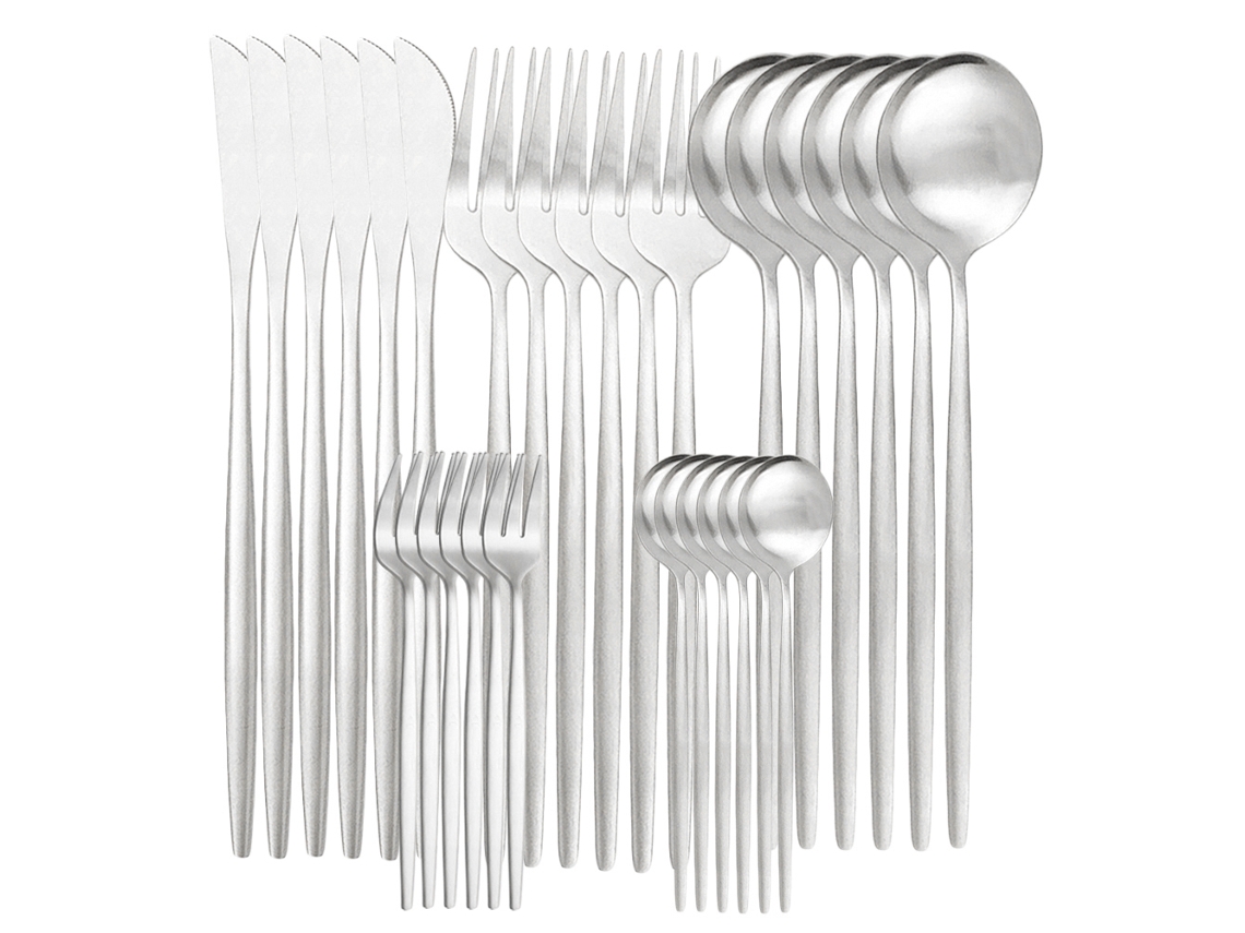 (plata Y Oro) Juego De 30 Cuchillos, Tazas Y Cucharas De Acero Inoxidable Mate