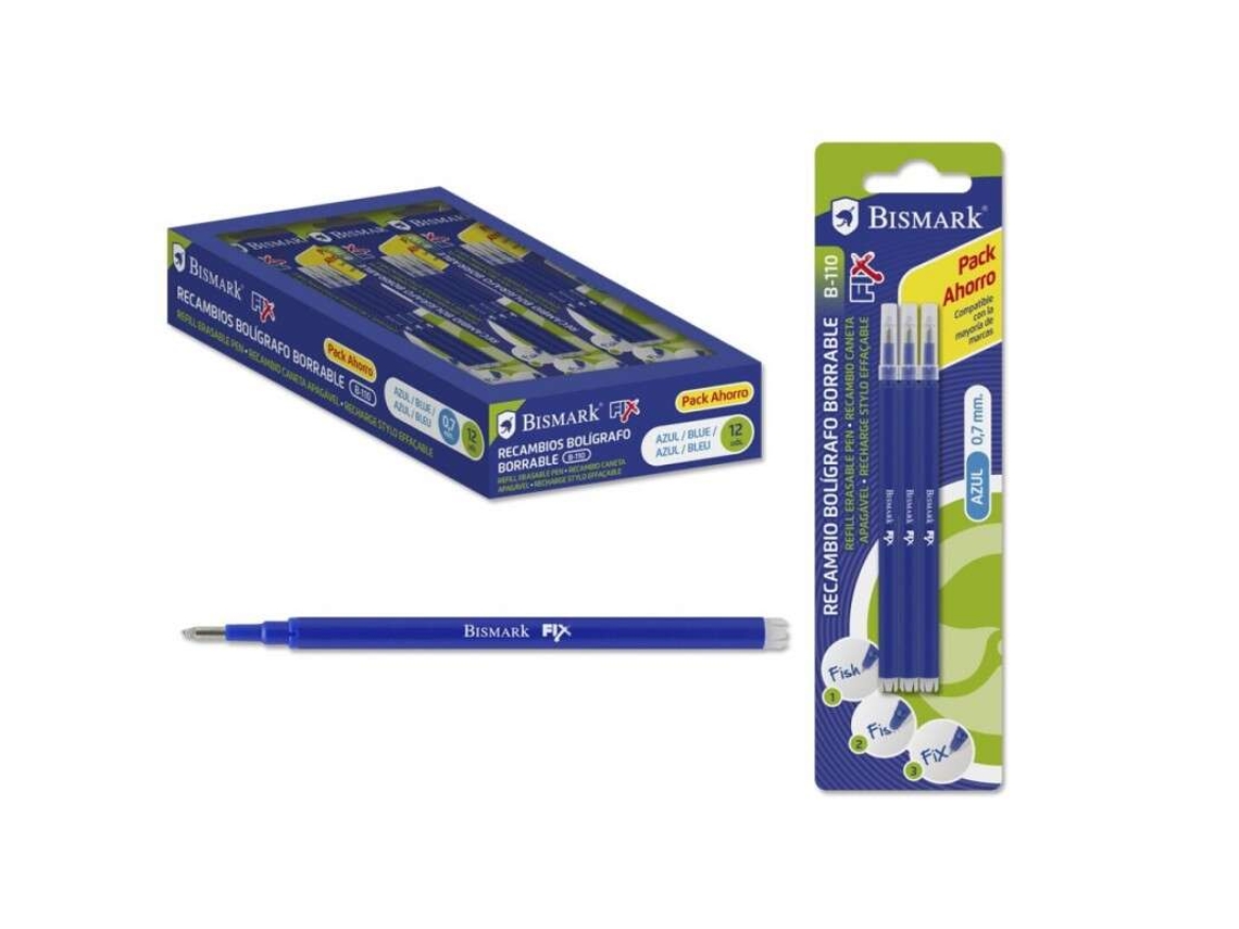 Paquete de recambio con 3 recambios borrables para bolígrafo, punta fina de 0,7 mm, color azul Bismark