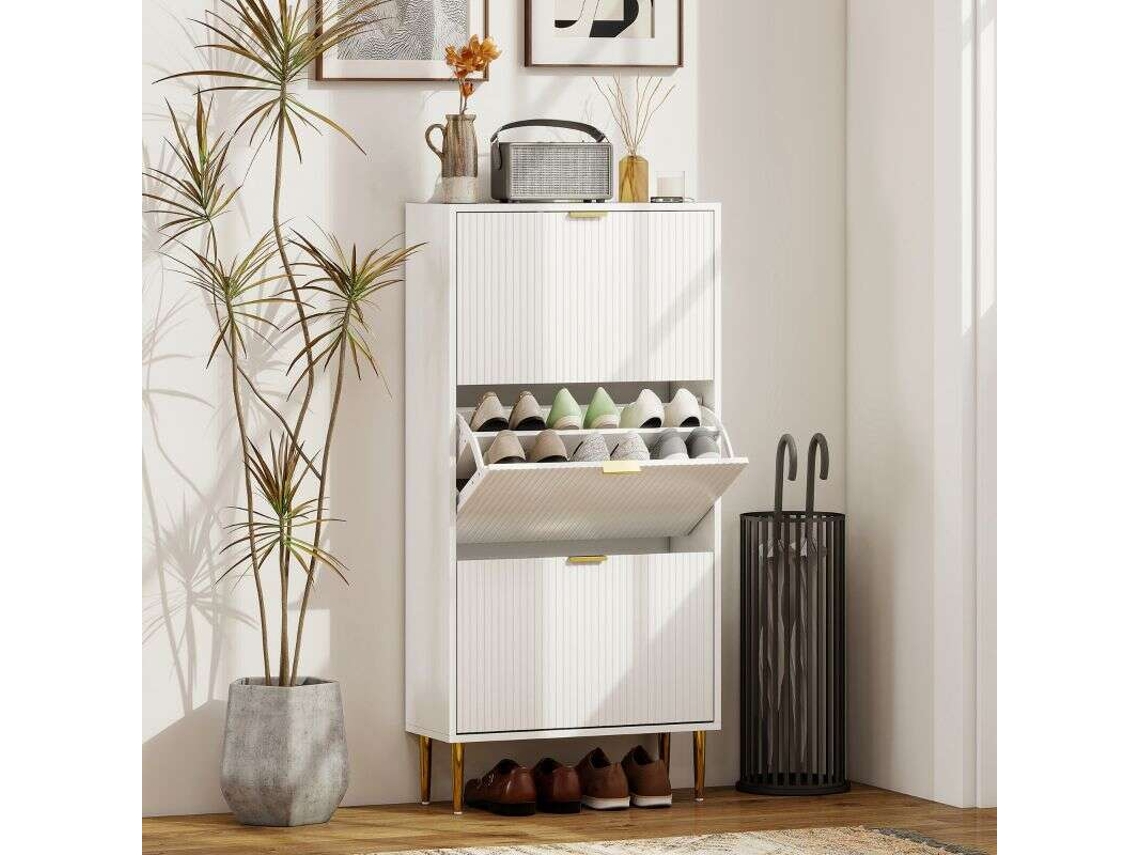 Móvel Para Sapatos 18 Pares Com 3 Gavetas Basculantes, Portas Caneladas E Prateleiras Ajustáveis, 60x24x128 Cm, Branco.