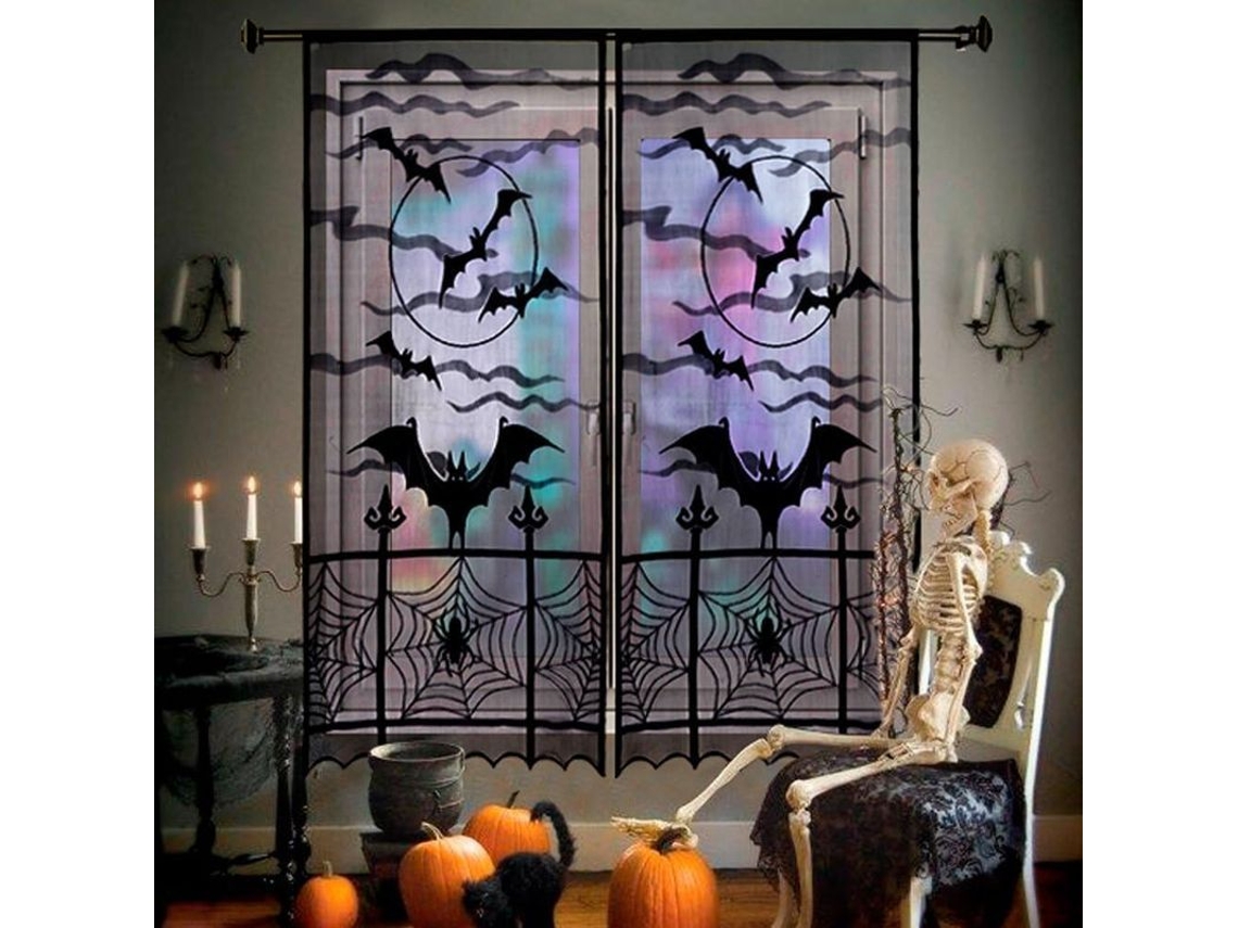 2 Cortinas De Halloween Con Murciélagos De Encaje Negro Para Decoración De Ventanas