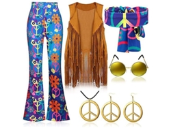 2026-traje Hippie Retro 70s Para Fiesta Con Chaleco De Tiras, Pantalones Y Bufanda Newway