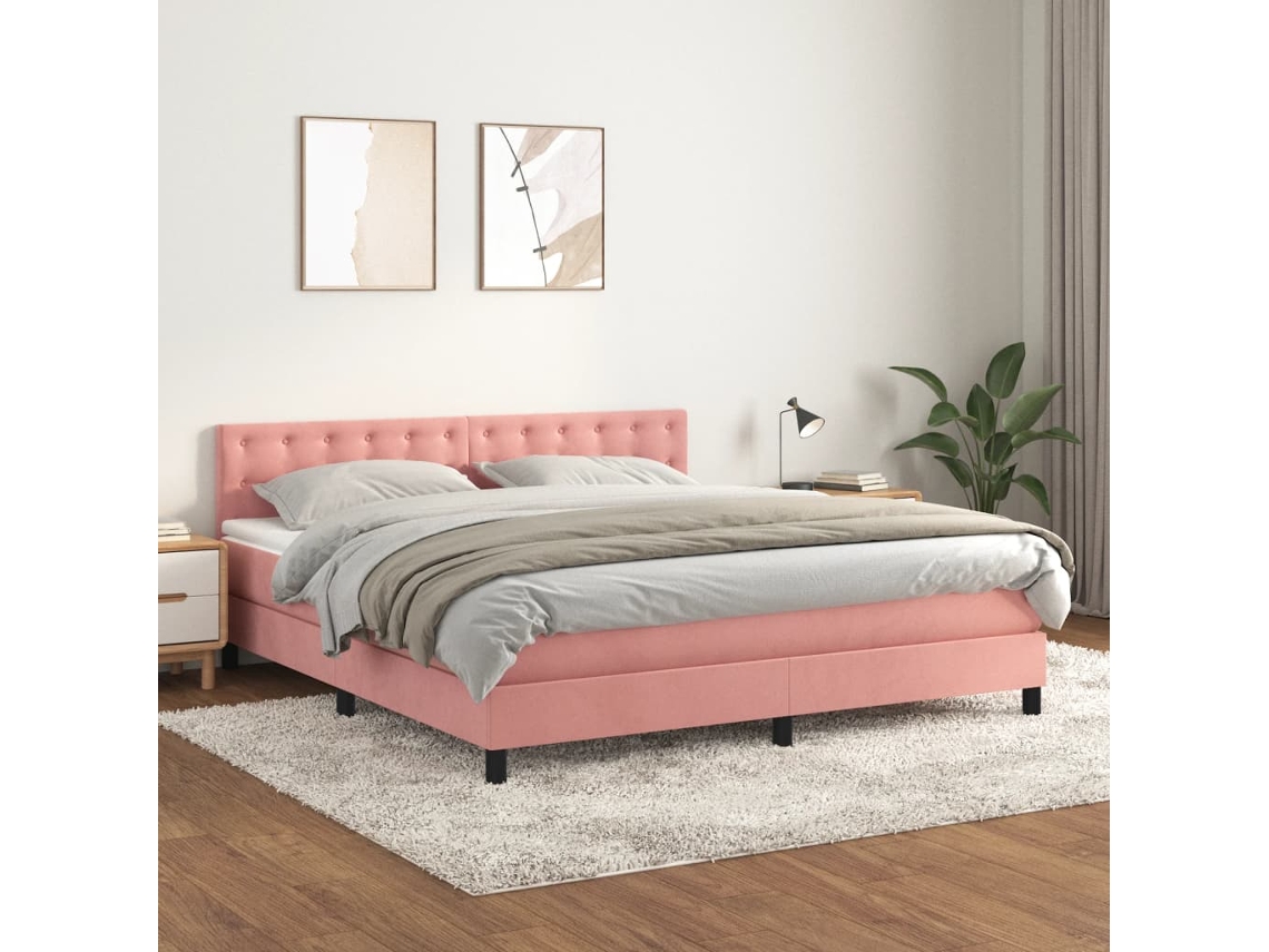 Cama Box Spring Con Colchón Terciopelo Rosa 160x200 Cm
