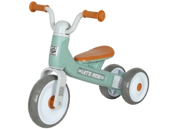 Bicicleta de equilibrio, tres ruedas, diseño resistente, verde.
