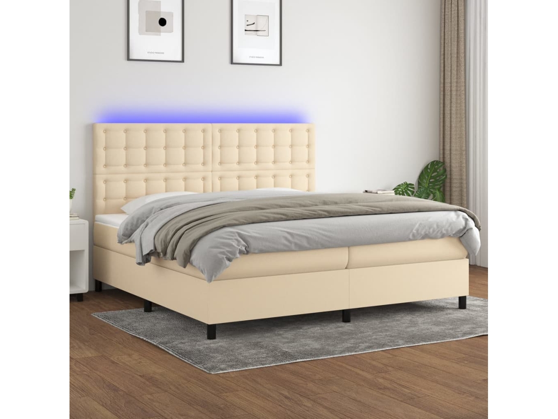 Cama Box Spring Colchón Y Luces Led Tela Crema 200x200 Cm