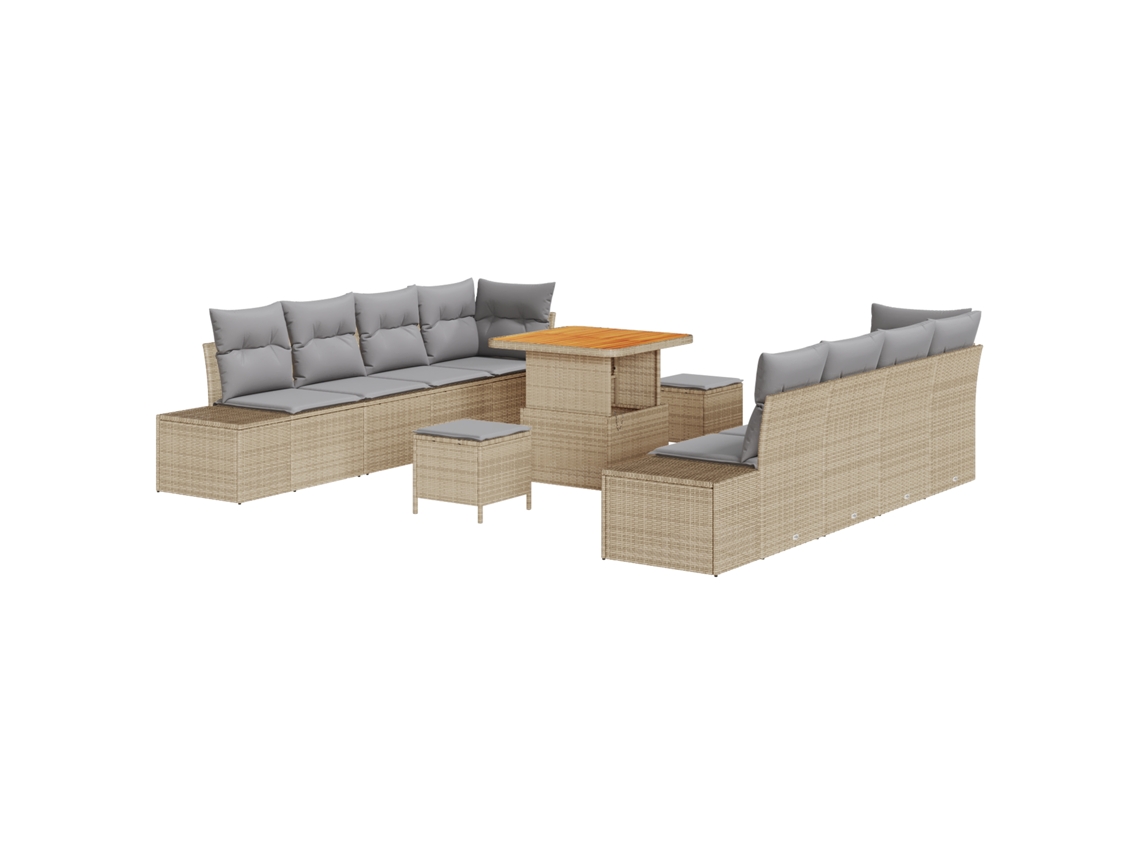 Conjunto de sofá de jardín Vidaxl de 11 piezas con cojines en ratán de polipropileno beige y acacia