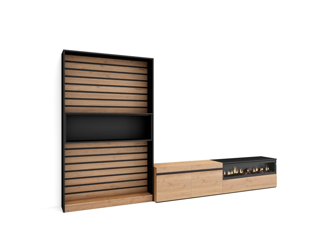 Muebles de Salón para TV SKRAUT HOME Para TV hasta 80", Chimenea eléctrica, Roble y Negro (310x186x35 cm)