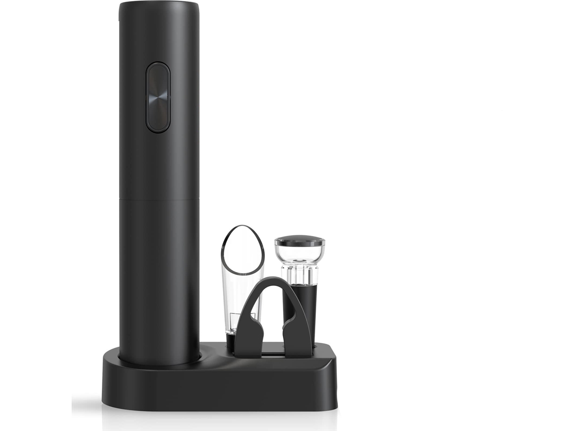 Abrebotellas eléctrico automático con base de almacenamiento, funciona con pilas, acero inoxidable.