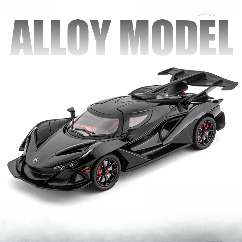 (Negro) Coche deportivo en miniatura a escala 1/24, fabricado en aleación de metal fundido a presión, con funciones de sonido y luz.
